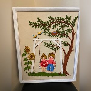 Vintage MCM Crewel  Wall Art Boy and Girl  Sitting On A Swing 17x21